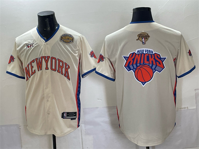 Men's New York Knicks Team Big Logo Cream 2026 Finals & Eastern Conference Champions Patch Stitched Baseball Jersey Men's New York Knicks Team Big Logo Cream 2026 Finals & Eastern Conference Champions Patch Stitched Baseball Jersey